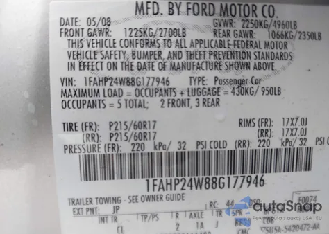 2008 Ford Taurus Sel z USA, uszkodzony, nr VIN 1FAHP24W88G177946